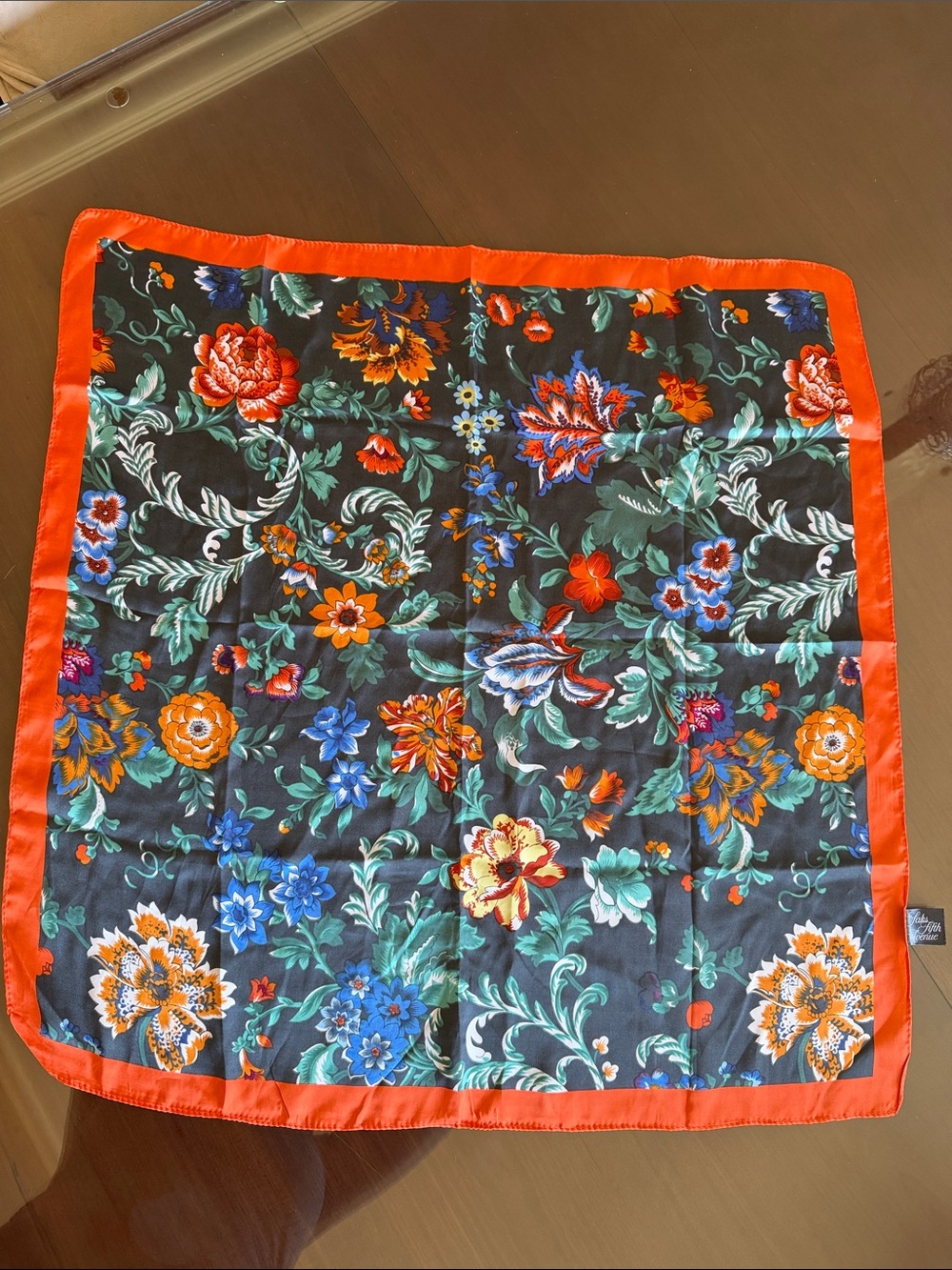 SAKS FIFTH AVENUE VTG Orange Green Black Floral Print Square Neck Scarf 25 inch